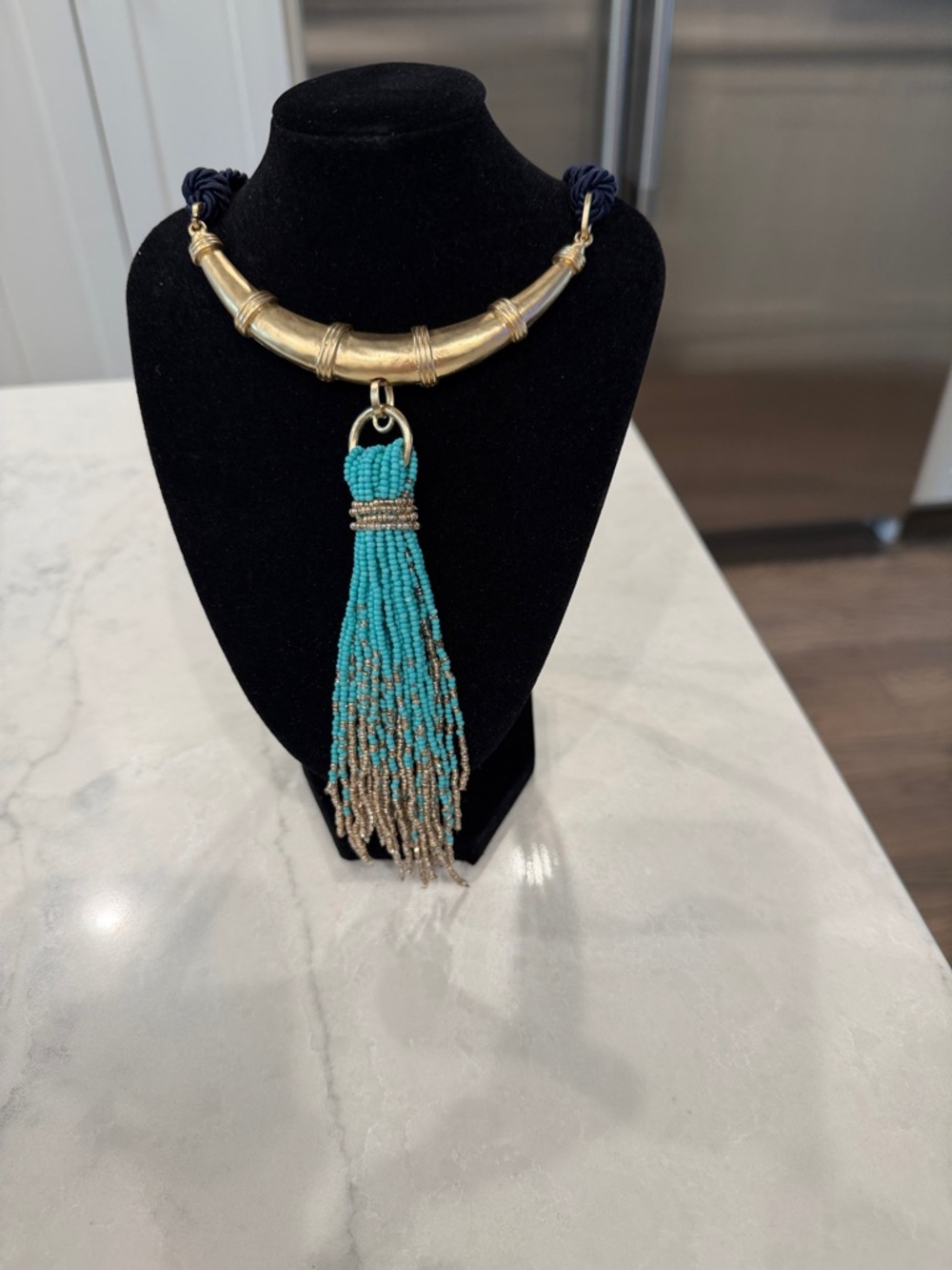 Chico's Gold Collar Necklace with Turquoise and Gold Beaded Tassel